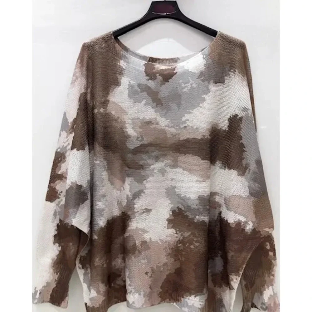 L103 B Loowie Choco Grey Abstract Round Neck Knit Printed Sweater One Size